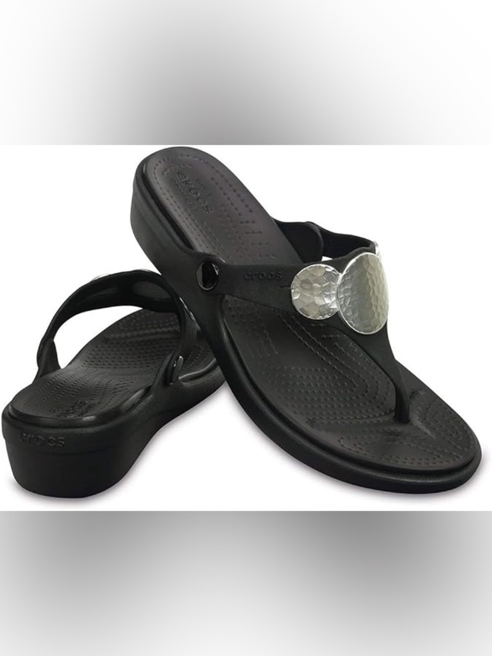 Crocs Sanrah Flip Flops Womens Size 6 Hammered Circle Wedge Black Silver Sandals